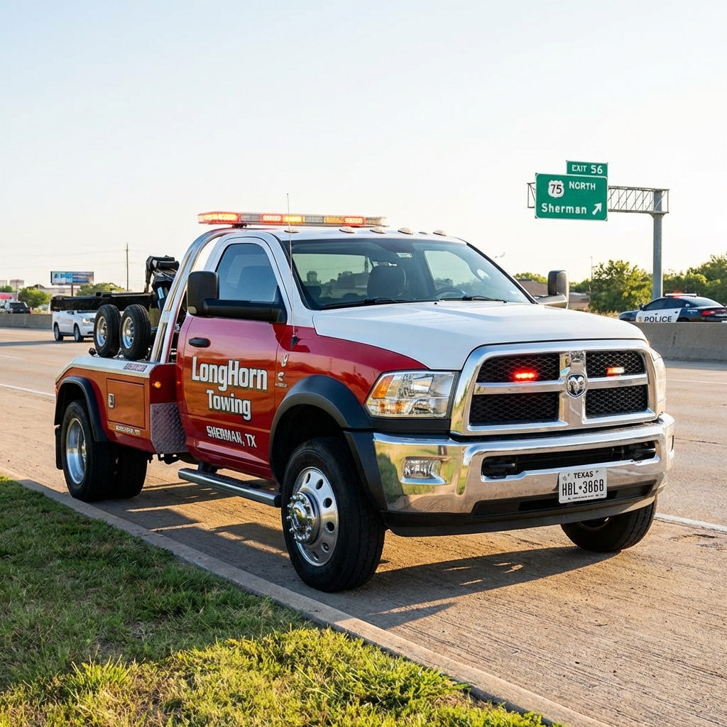 Longhorn Towing truck responding to emergency call in Sherman, TX