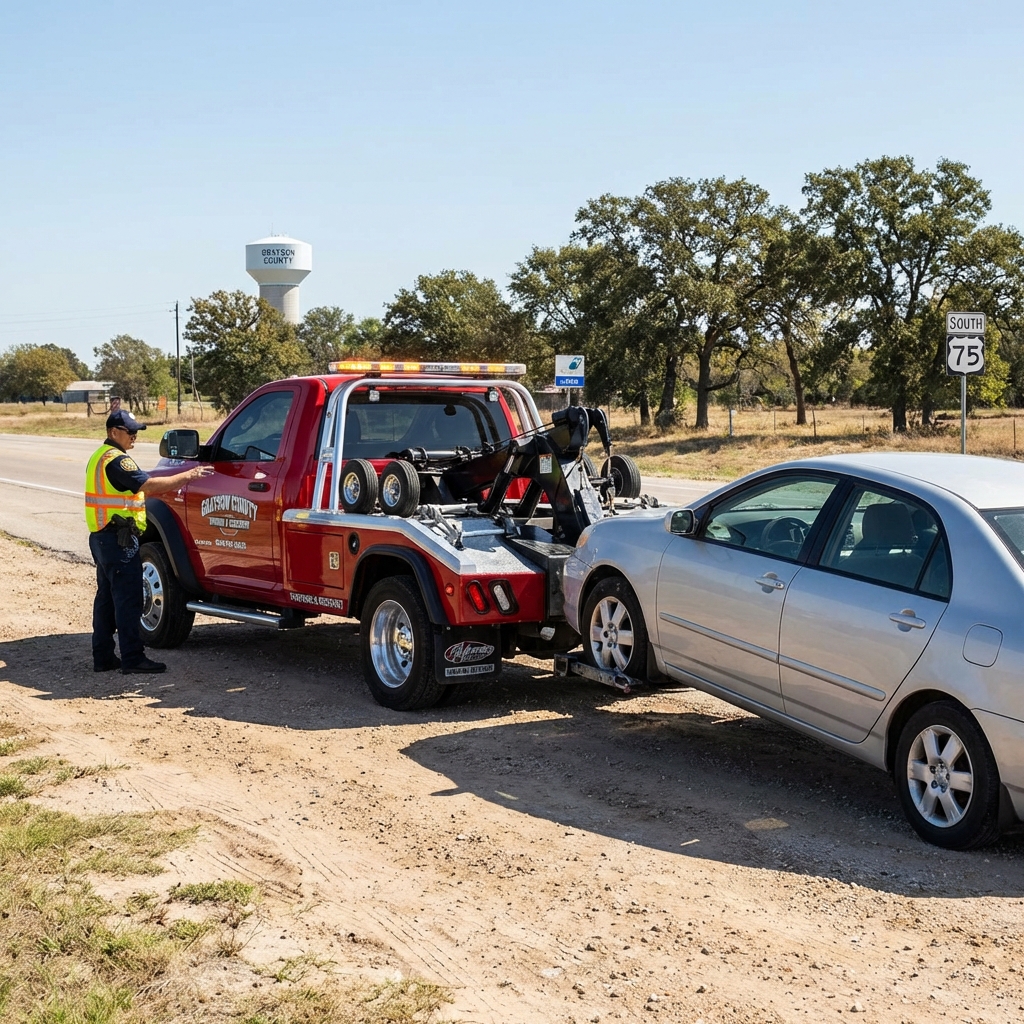 Wheel-lift wrecker performing roadside assistance